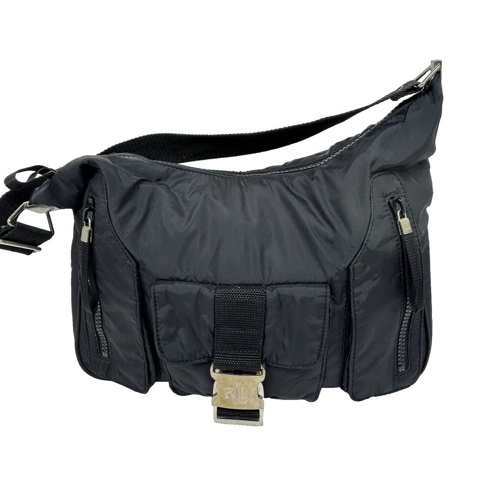 Vintage Y2K Ralph Lauren LRL Hobo Bag Black Nylon Shoulder Handbag Front Buckle